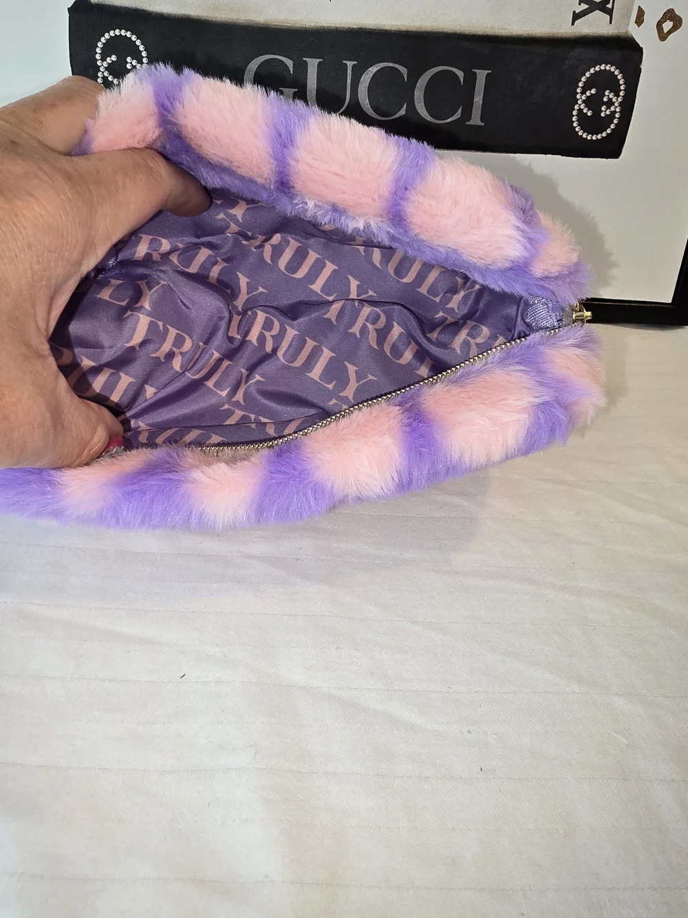 Truly Pink & Purple Plush Heart Faux Fur Pouch